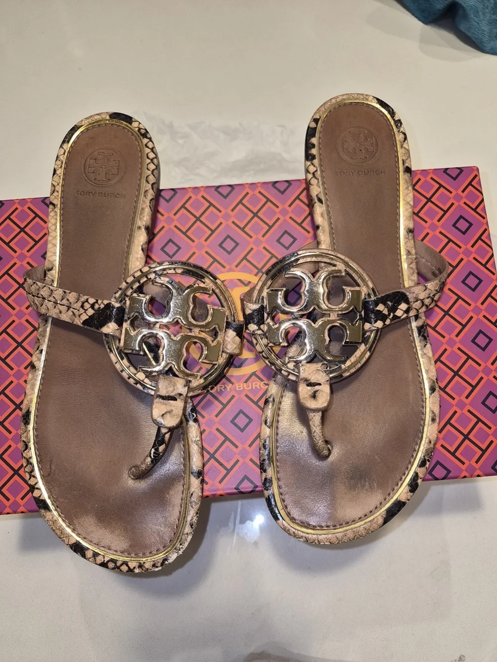 Tory Burch Women's Pink Snakeskin Miller Thong Sandals size 7.5